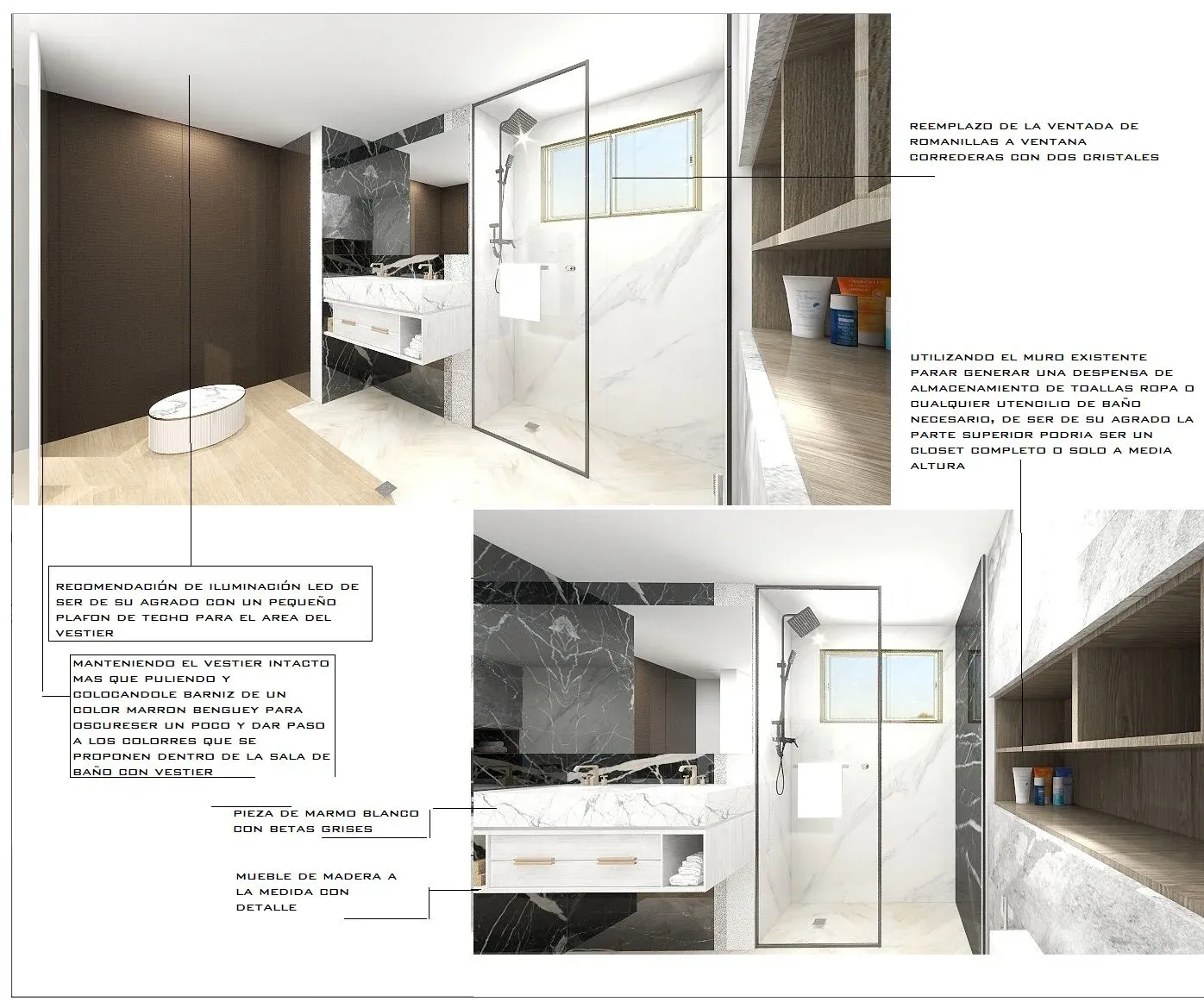 Lámina del baño principal con vestier: renders anotados con la ventana nueva, la despensa en el muro existente y el mueble a medida
