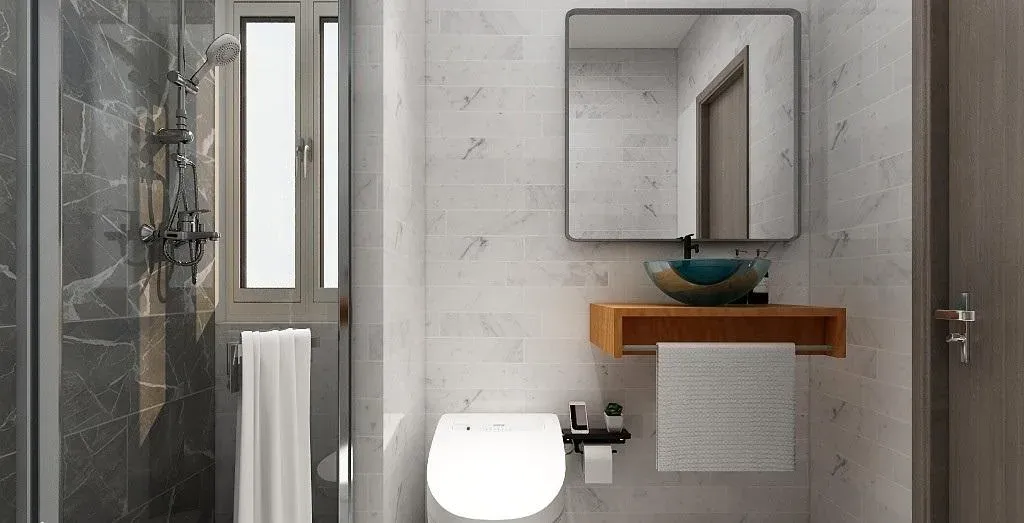Render del baño de servicio con pared de piedra blanca, lavamanos de vidrio sobre mueble de madera y espejo con luz LED