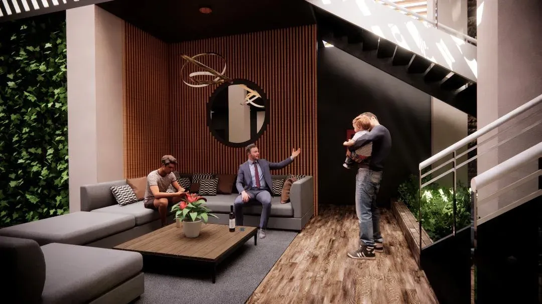 Render de la sala junto a la escalera, con revestimiento de listones de madera, espejo redondo y muro verde