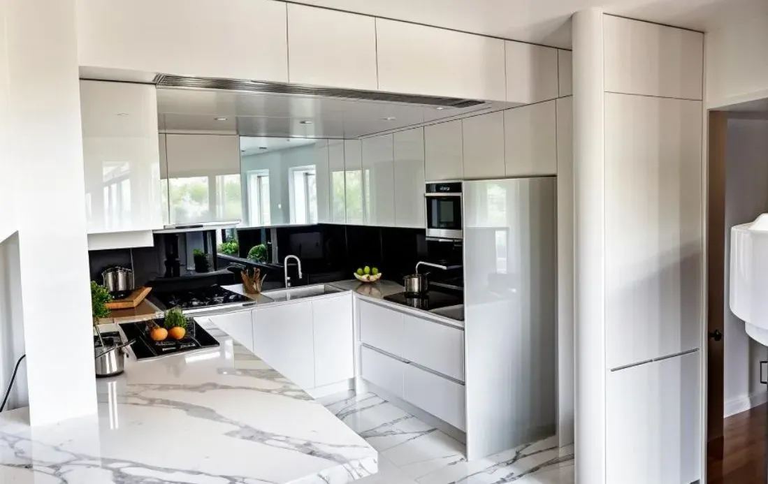 Render de la cocina del penthouse con muebles blancos sin tiradores, encimera de mármol blanco veteado y salpicadero negro