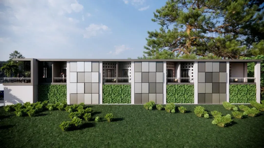 Render de la fachada lateral del hotel con módulos de celosía gris y muros verdes entre las habitaciones