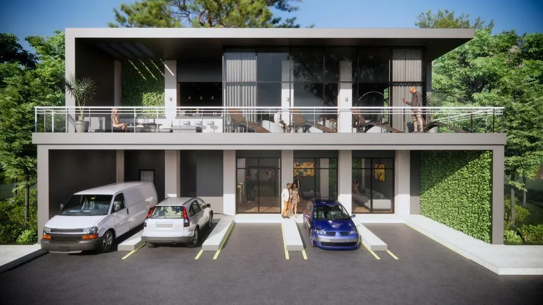Render de la fachada principal del Hotel & Spa El Arca: dos plantas, terraza corrida con baranda de vidrio y estacionamiento al frente