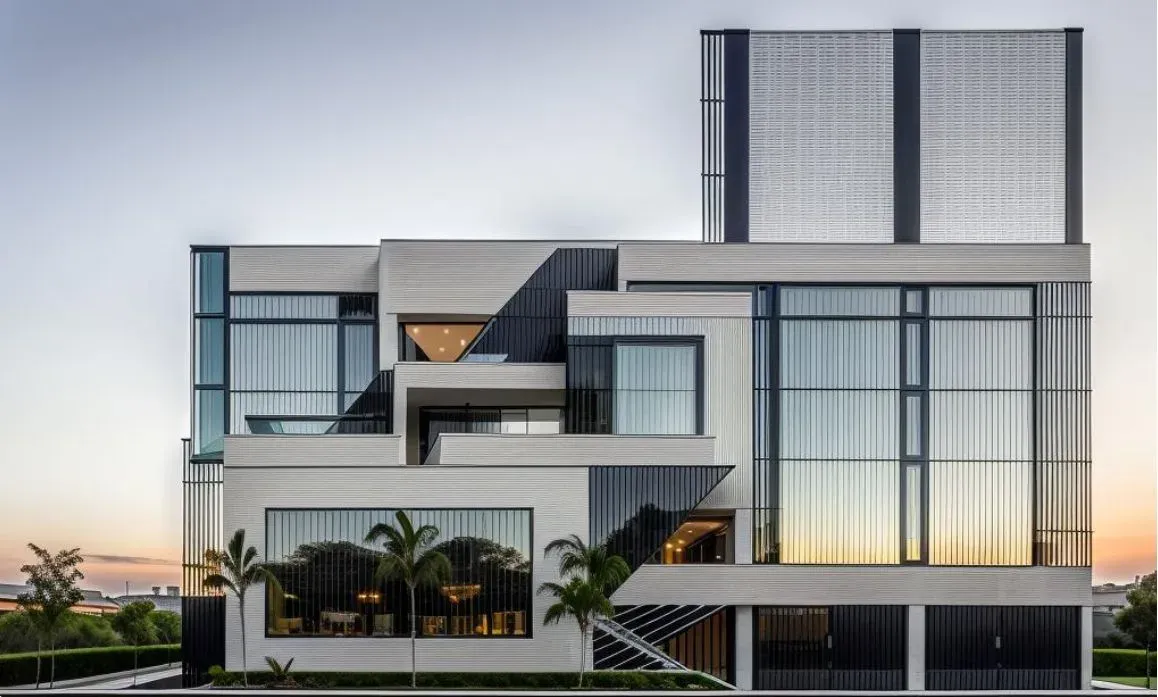 Edificio 369 en fotorrealismo, al atardecer: volúmenes blancos escalonados, vidrio y una torre de celosía al fondo