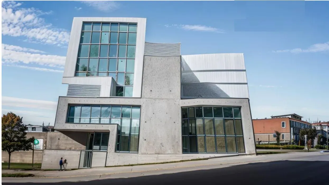 Esquina del edificio 369 en fotorrealismo, con volúmenes de concreto y vidrio que se desplazan entre plantas