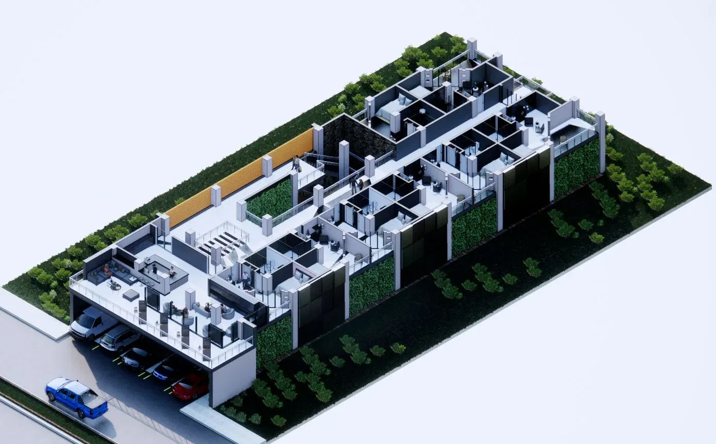 Vista isométrica del hotel seccionado, con la distribución de habitaciones, el patio central y el estacionamiento