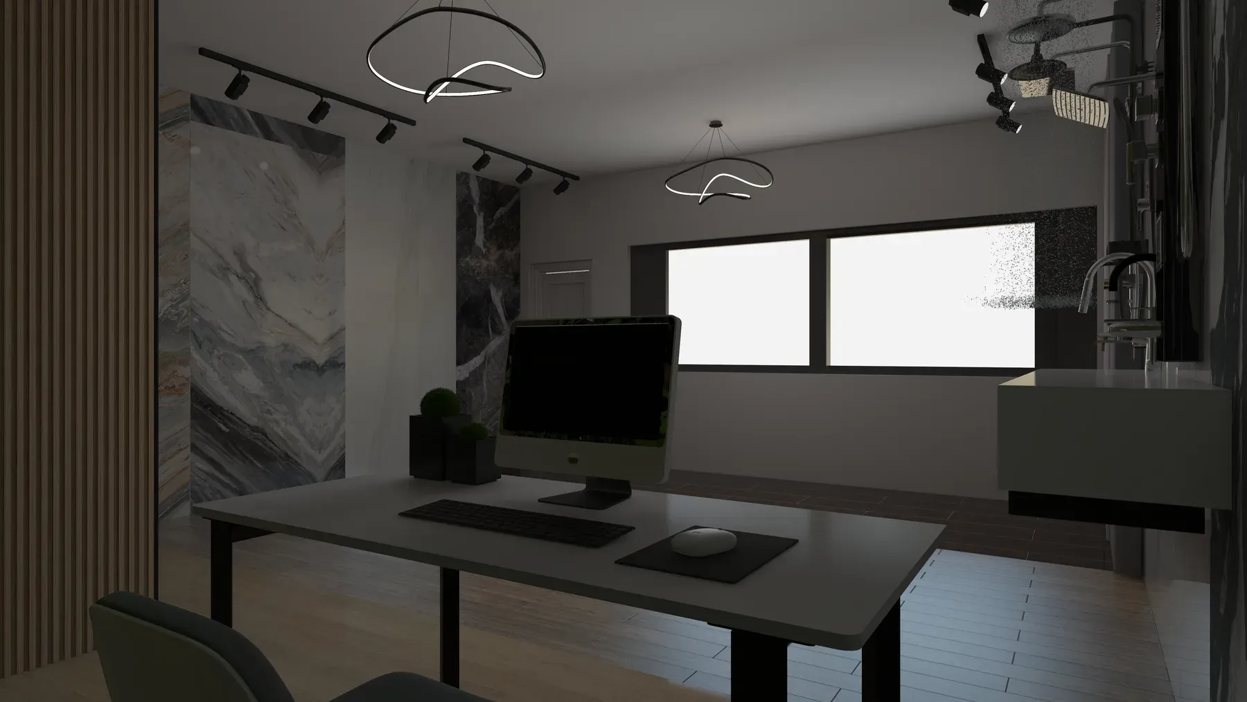 Mesa de atención al cliente del showroom con pantalla, frente al panel acanalado y el revestimiento de mármol