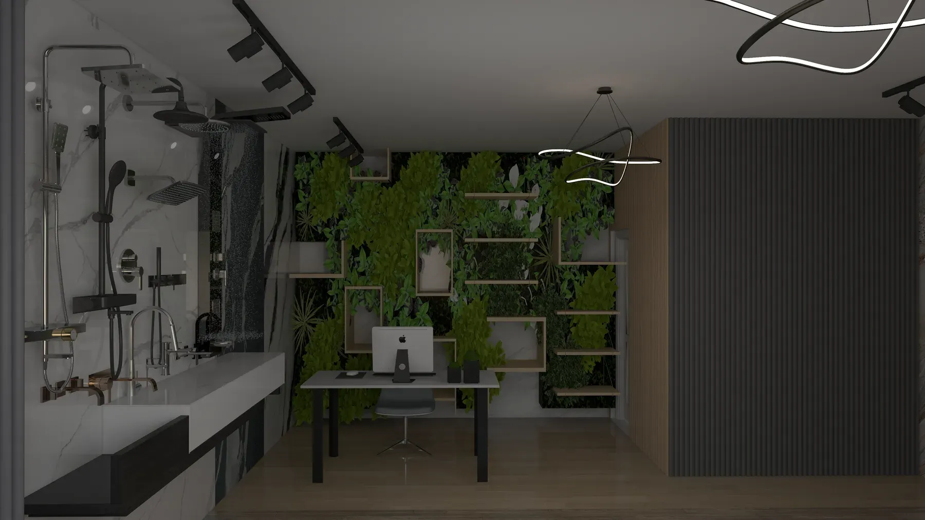 Muro vegetal con estantes de madera en voladizo que sirven de expositor dentro del showroom