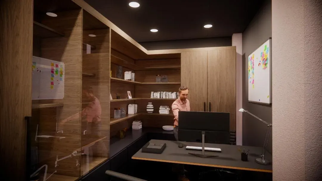 Render de la oficina del hotel con estantería de madera empotrada, escritorio y luz cenital