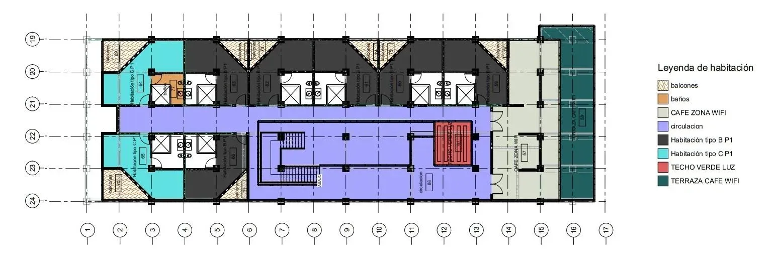 Planta alta del hotel con habitaciones tipo B y C, circulación central, techo verde y terraza café a escala 1:100