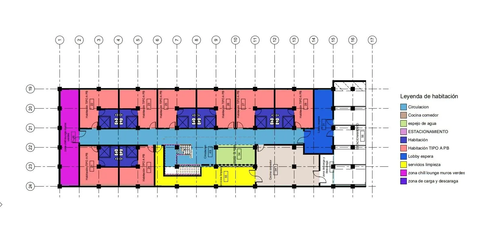 Planta del Hotel & Spa El Arca con ejes numerados y leyenda de colores por tipo de habitación y área de servicio