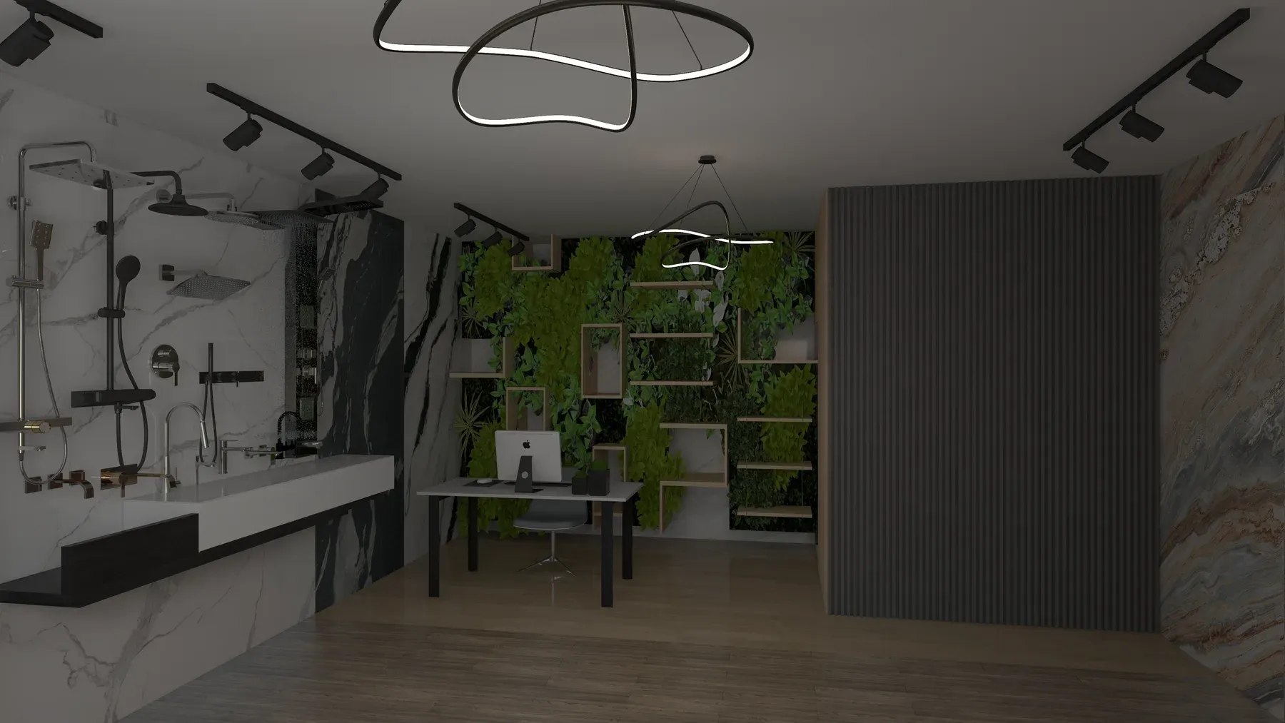 Render del showroom con muro expositor de griferías, lavamanos continuo y muro verde vegetal al fondo